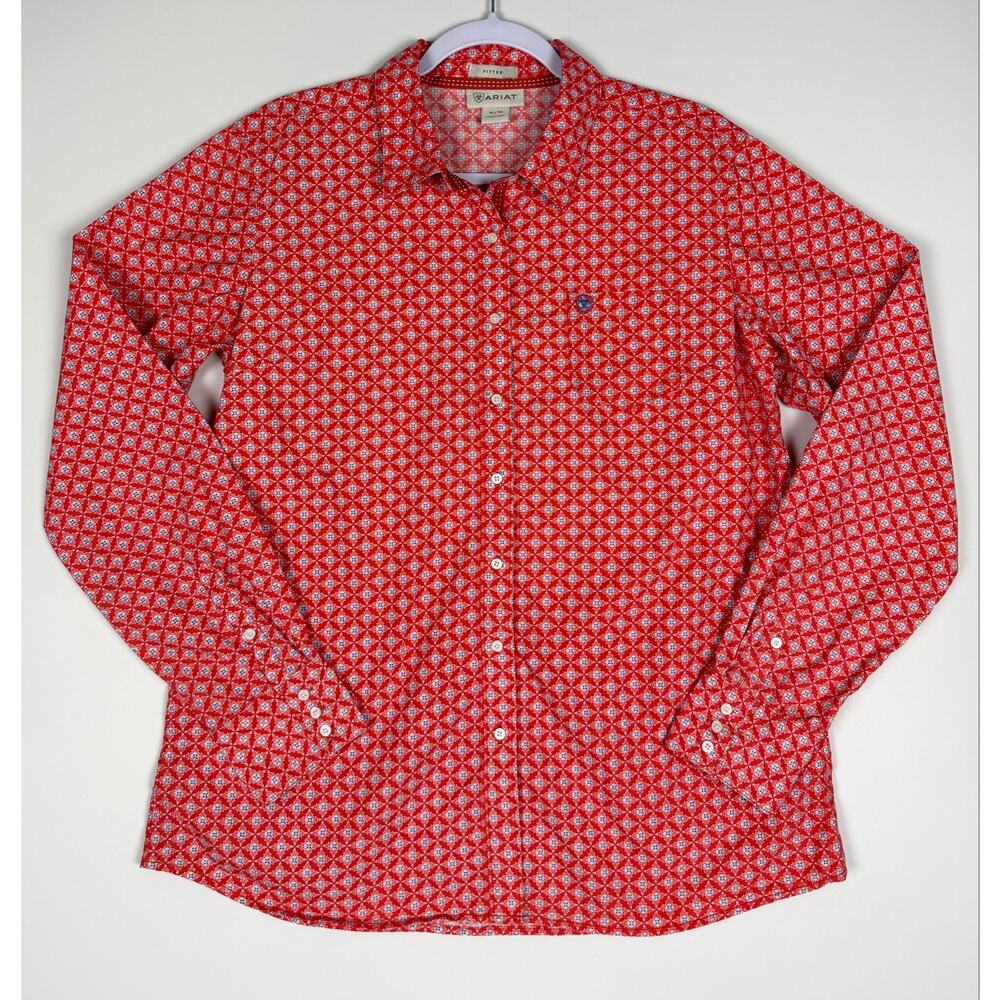 Ariat Fitted Button Down Long Sleeve Shirt Red Blue Pattern Women’s XL Cowgirl